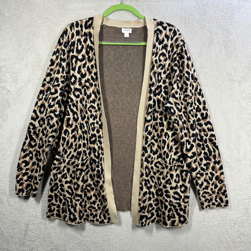 J.Crew Cardigan Women's L Tan Leopard Animal Print Open Front Cotton Sweater - Picture 1 of 7